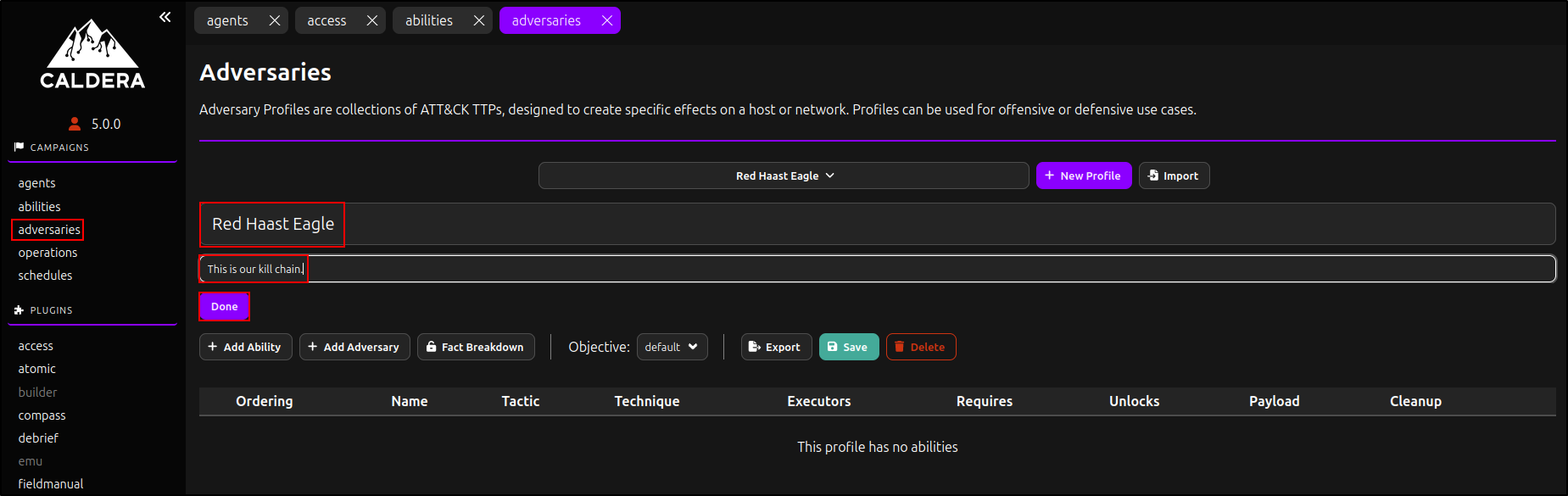 Open adversaries and create a new profile
