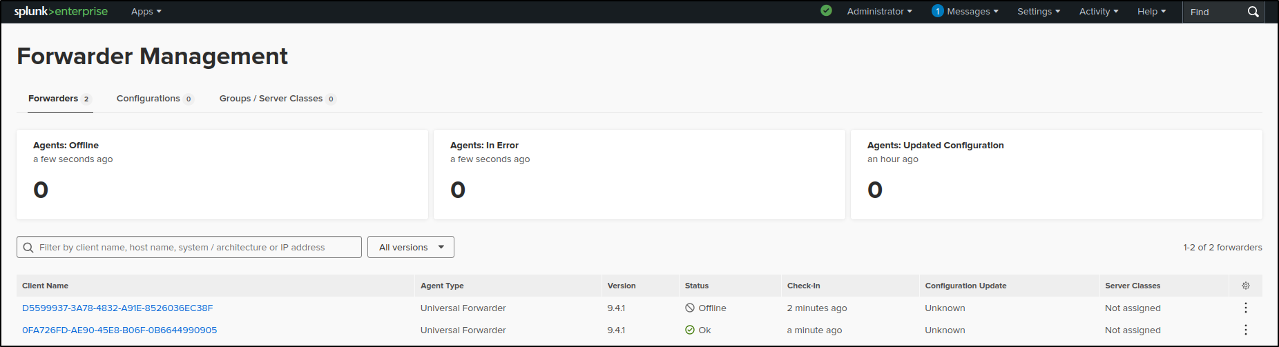 Linux client listed in Splunk Forwarder Management