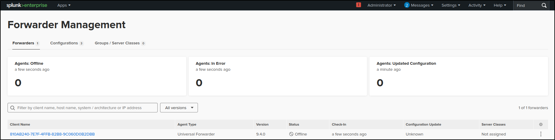 Windows client listed in Splunk Forwarder Management